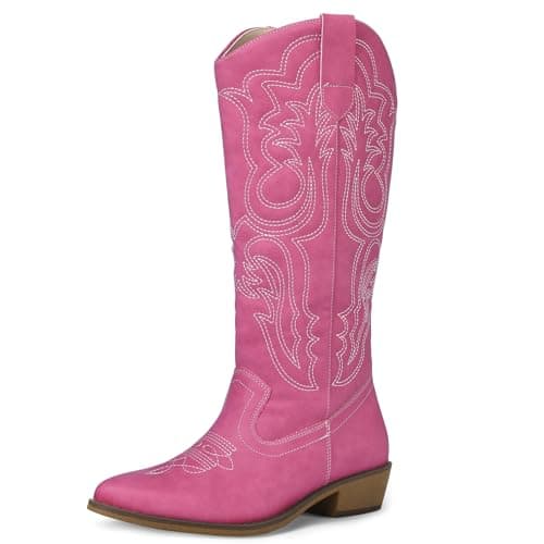 mysoft Women's Cowboy Boots Mid Calf Cowgirl Embroidered Western Pointed Toe Chunky Heel Pull On Knee High Boots - Image 1