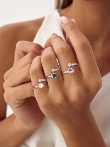 Silvora 925 Sterling Silver Heart Birthstone Adjustable Open Ring Dainty Birthstone Ring Birthstone Gemstone Rings Birthday Gift for Women - Image 6