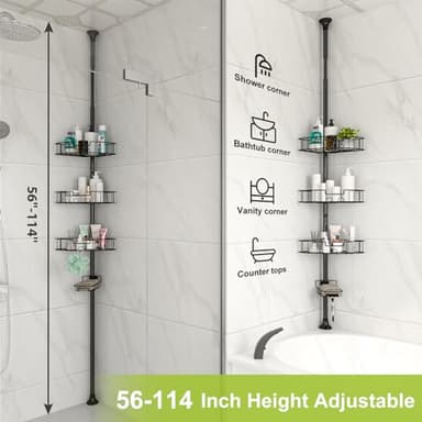 Shower Caddy Tension Pole, Rustproof Corner Shower Caddy Bathroom Organizer 4 Tier Adjustable Shelves for Inside Shower Bathtub Shampoo Accessories Storage Rack, Floor to Ceiling Standing Bath Rack - Image 2