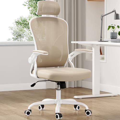 Farini Ergonomic Office Chair, Home Office Desk Chair with Headrest, High Back Computer Chair with Armrests and Adjustable Lumbar Support for Home Office Study Room, White & Khaki - Image 1