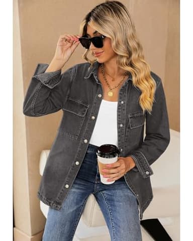 luvamia Button Up Shirt Women Casual Button Down Shirts For Women Black Jacket Women Jean Jacket Fall Jackets For Women Shirts Casual Summer Womens Denim Shirt Size Medium Size 8 10 - Image 5