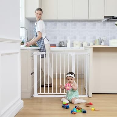 COMOMY 30" Tall Baby Gate for Stairs Doorways, Fits Openings 29.5" to 40.5" Wide, Auto Close Extra Wide Dog Gate for House, Pressure Mounted Easy Walk Through Pet Gate with Door, White - Image 6