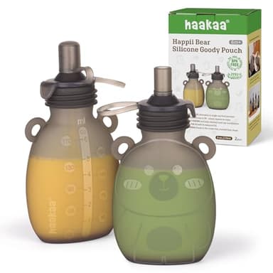 haakaa Happii Bear Silicone Goody Pouch,Reusable Baby Food Pouches for Homemade Organic Purees, Juices, Smoothies, and Yogurt - Perfect for Toddlers and Kids - 2 Pack, 6oz - Image 1