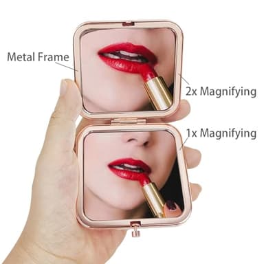 PDOZV Pocket Mirror for Women, Rosegold Square 2.8”×2.8” Metal Frame DropRubber Style Double Sided Mini Magnifying 1X/2X Mirror for Purse Can be Used as Gifts for Woman (RGSr02) - Image 2