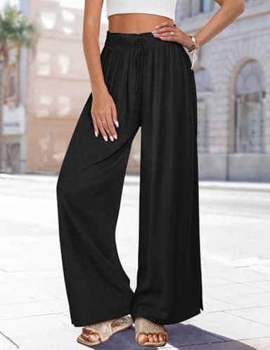 YESNO Women Summer Boho Palazzo Pants High Waist Wide Leg Floral Casual Cotton Lounge Trousers with Pockets M PP0 Solid Black - Image 3