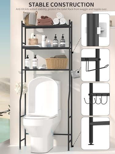 GloTika 3-Tier Over The Toilet Storage, Space Saver Metal Bathroom Shelves, Freestanding Above Over Toilet Storage Shelf with 4 Hooks for Bathroom, Black - Image 4