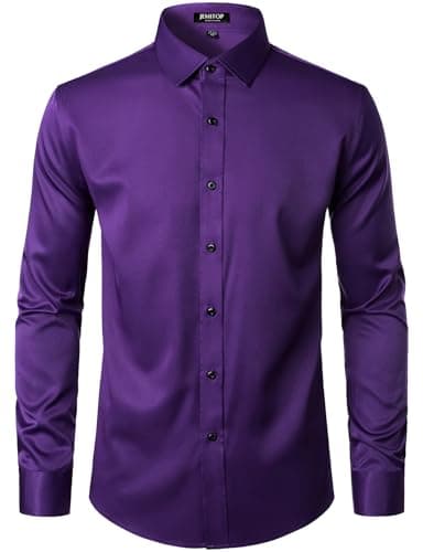 JEMITOP Men's Stretch Wrinkle Free Dress Shirts Formal Wedding Prom Long Sleeve Button Down Shirt Purple XL - Image 2