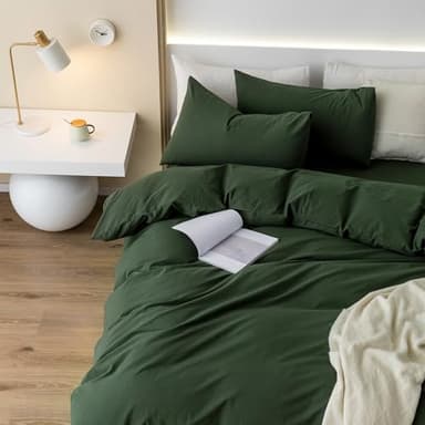 JIYUAN 100% Washed Cotton Duvet Cover Set 3 Pieces Oversized Queen, 1 Duvet Cover 98x98 Inches(Comforter Not Included) and 2 Pillowcases,Linen Feel Bedding Set Comfy and Breathable,Forest Green - Image 2