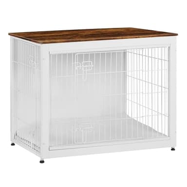 DWANTON Dog Crate Furniture with Cushion, Wooden Kennel Table with Double Doors, Indoor Dog House, Large Size, 38.5" L, White+Rustic Brown - Image 1