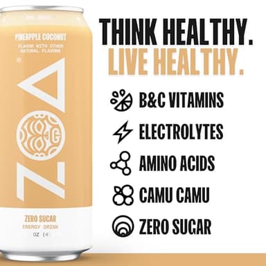 ZOA Zero Sugar Energy Drinks, Pineapple Coconut - Sugar Free with Electrolytes, Healthy Vitamin C, Amino Acids, Essential B-Vitamins, and Caffeine from Green Tea - 16 Fl Oz (12-Pack) - Image 3