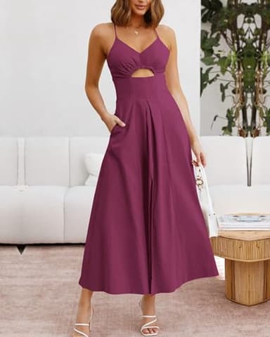 BTFBM Women 2025 Summer Spaghetti Strap Midi Dress Sleeveless V Neck Cutout Slit Casual Beach Party Maxi Dresses Pockets(Purple, Large) - Image 3