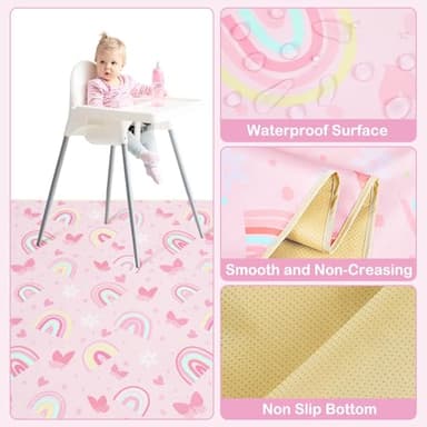 Basumee Splat Mat High Chair Mat Waterproof Baby Play Splat Mat for Under High Chair Food Catcher Highchair Mat for Floor Non Slip Bottom, Pink Rainbow, 46x42 Inches - Image 4