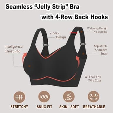 PoseFree Wireless Bras for Women Full Coverage Bra Full Support and Lift No Underwire Back Smoothing Bralette Everyday Bra (Black,XL) - Image 4