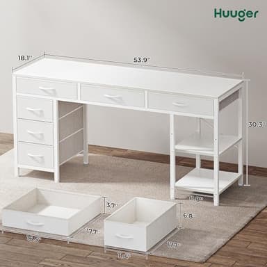 Huuger Computer Desk with 6 Drawers, 54 Inch Office Desk with Shelves, Reversible Gaming Desk, Corner Desk with Storage, Work Desk for Home Office, Study, Living Room, White - Image 8