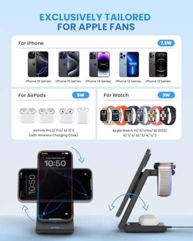 Wireless Charger Magnetic for Apple Devices - JoyGeek 3 in 1 Foldable Charging Station for Magsafe Compatible with iPhone 16 15 14 13 12 Pro Max Plus, Apple Watch 10 9 8 7 6 5 4 SE, AirPods 4/3/2/Pro - Image 8