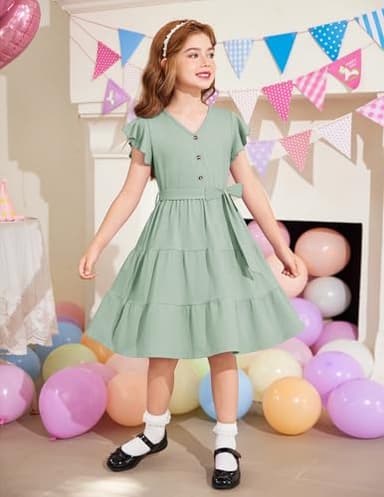 Arshiner Girls Dress Short Sleeve Summer V Neck Button Removable Belt Dresses with Pockets 5-6 Years Light Green - Image 8