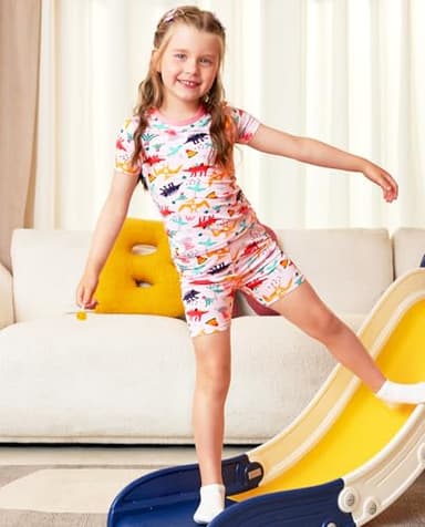 babee Reshinee Bamboo Viscose Toddler Girls Kids Pajama Sets Short Summer Cool Snug fit Sleepwear Pjs 2pcs Set 4-5Y Pink Dino - Image 5