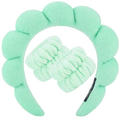 Zkptops Spa Headband for Washing Face Wristband Set Sponge Makeup Skincare Headband Wrist Towels Bubble Soft Hairband for Women Puffy Headwear Winter Non Slip Thick Thin Hair Accessory(Light Green-3) - Image 1