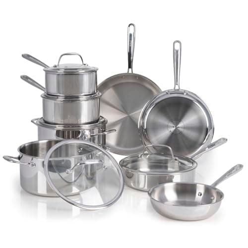 T-fal Pro Tri-Ply Stainless Steel Cookware Set 13 Piece, Induction Compatible Oven Safe 500F, Lids 350F, Fast & Even Heat, Professional Quality & Durability, Pots and Pans Set, Dishwasher Safe, Silver - Image 1