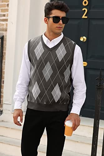 Mens Argyle Knitwear Vest V Neck Sleeveless Casual Slim Fit Pullover Knitted Sweater - Image 3