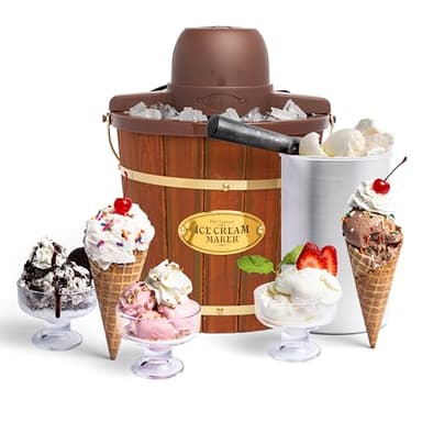 Nostalgia Electric Ice Cream Maker - Old Fashioned Soft Serve Ice Cream Machine Makes Frozen Yogurt or Gelato in Minutes - Fun Kitchen Appliance - Vintage Wooden Style - Dark Wood - 4 Quart - Image 1