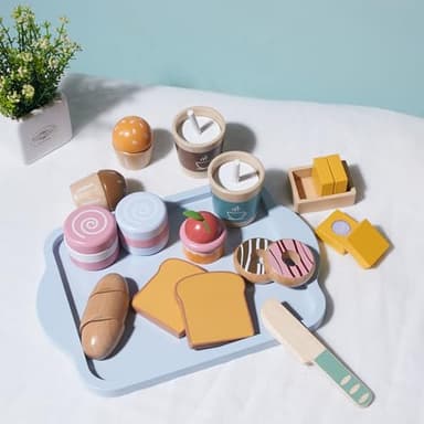 MONT PLEASANT 21pcs Wooden Breakfast Set Kids Pretend Play Toy Kitchen Accessories, Toddler Kitchen Playset with Coffee, Dessert, Cutting Bread, Butter, Wooden Toy Food Set Boys & Girls Birthday Gift - Image 6