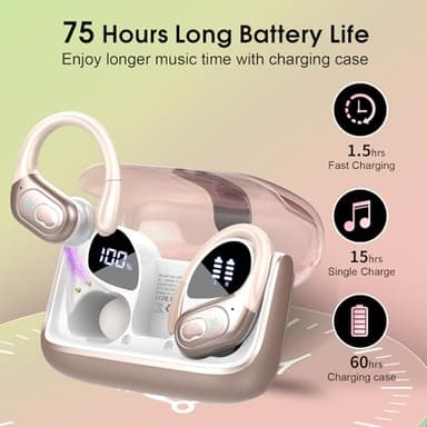 Aptkdoe Wireless Earbuds 75hrs Bluetooth 5.4 Headphone Sport, 2025 Bluetooth Earbuds Stereo Deep Bass Over Ear Bud with Earhooks, ENC Noise Cancelling Mic, IPX7 Waterproof Earphone Rose Gold - Image 2