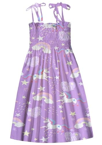 Girl's Women's Summer Spaghetti Strap Beach Dresses Hawaiian Hoilday Smocked Midi Sun Dress Ruffle Square Neck, Unicorn-Purple, US M - Image 2