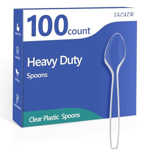 SACATR 100 Count Plastic Spoons,Heavy Plastic Silverware,Premium Disposable Spoons, BPA-Free, Heat Resistant, Suitable for Parties, Events and Everyday Use - Image 1