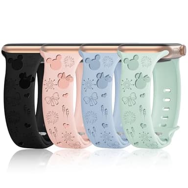 4 PACK Engraved Silicone Bands Compatible with Apple Watch Band 40mm 38mm 41mm 42mm 44mm 45mm 46mm 49mm Women Breathable Soft Cute Sport Replacement Strap for iWatch SE Series 10 9 8 7 6 5 4 3 2 1 - Image 1