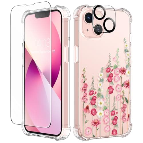 GVIEWIN Designed for iPhone 13 Case 6.1 Inch, with Tempered Glass Screen Protector + Camera Lens Protector Clear Flower Soft & Flexible Slim Shockproof Floral Women Phone Cover (Alcea/Red) - Image 1