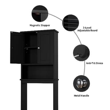 Shintenchi Over The Toilet Storage Cabinet, Bathroom Shelf Organizer with Anti-Tip Device Small Freestanding Space Saver with Adjustable Shelf，Black - Image 7