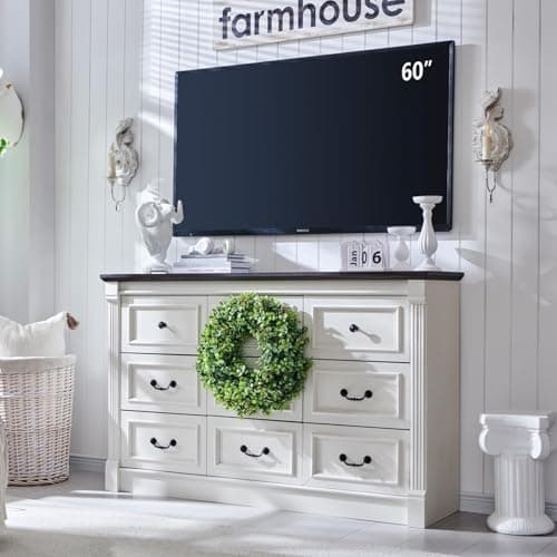 Aitjunz Farmhouse 9 Drawers Dresser for Bedroom, 55" Wide Large Dressers & Chests of Drawers w/Roman Column, Storage Dressers Organizer for Bedroom, Hallway, Living Room, White - Image 1