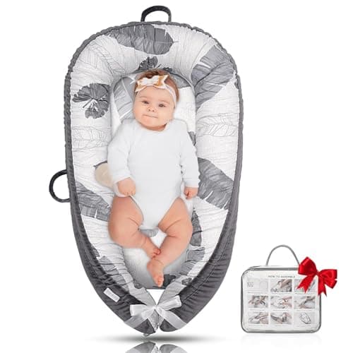 JOCUTE Baby Lounger - Baby Lounger for Newborn 0-24 Months, Ultra Newborn Babies Essentials Gifts, Baby Snuggle Nest Me Baby Lounger, Lightweight Infant Baby Lounger Cover (Grey Leaves) - Image 1