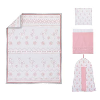 Nojo Tropical Flamingo Pink & White 100% Cotton 4Piece Nursery Crib Bedding Set, Embroidered Quilt, Fitted Sheet, Dust Ruffle, & Diaper Stacker, Pink, White, Grey - Image 6