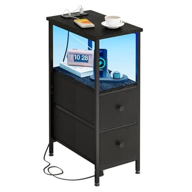 Fixwal Narrow Side Table with Charging Station and LED Light, Skinny Nightstand with 2 Fabric Drawers, Slim End Table for Bedroom, Dorm, Small Space, Black - Image 1