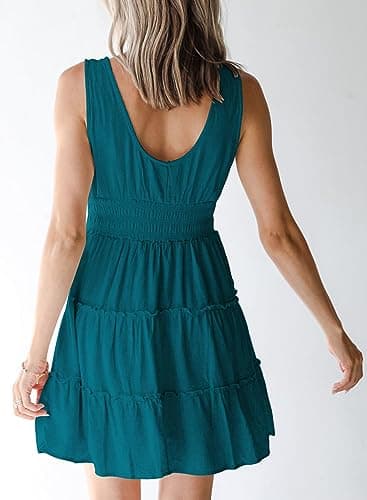 Dokotoo Women's Casual Dresses Summer Dresses for Women 2025 Button Down Smocked Dress Ruffle Tiered Soft Sleeveless A Line Swing Mini Short Cute Dress Hawaiian Sundress Vacation Blue Large - Image 2