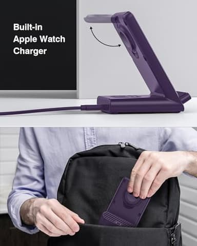 Wireless Charging Station,3 in 1 Charging Stand Made for Apple Watch Ultra 11 10 9 8 7 6 SE 5 4 3,Fast Wireless Charger Made for iPhone 17/Air/16/15/14/13/12,for AirPods Pro 3(with Adapter) (Purple) - Image 3