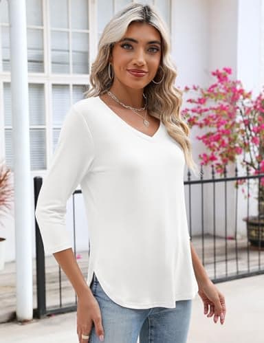 KTILG Women's V Neck Long Sleeve T Shirt White Shirts for Women Dressy Casual Solid Tunic Tops Basic Tees Spring M - Image 5
