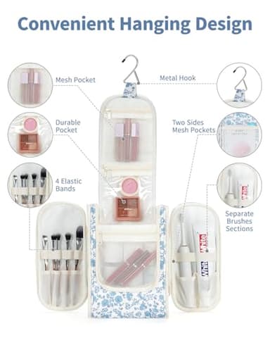 Narwey Hanging Toiletry Bag Women Travel Makeup Bag Organizer Toiletries Bag for Travel Size Essentials Accessories Cosmetics (Medium,Little Blue Flower) - Image 2