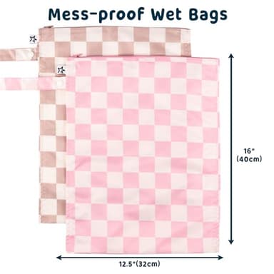 Tiny Twinkle Mess Proof Waterproof Wet Dry Bag | 2-Pack Reusable Wet Bags for Swimsuits & Baby Clothes | Leakproof Wet Bag for Travel & Diaper Changes for Baby (Pink, Brown Checkers) - Image 2
