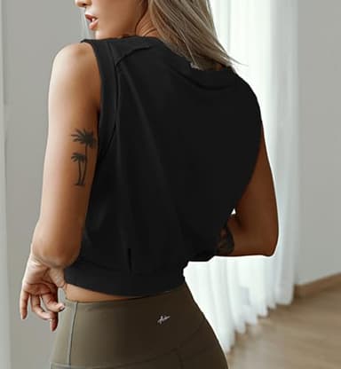 ARRIVE GUIDE Women's Cute Loose Fit Crop Top for Yoga, Gym, Casual Summer Tank, Cinched Waist, Cap Sleeve, Black XL - Image 7