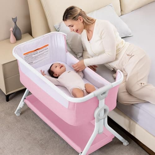 Larex Baby Bassinet, Baby Bassinet Bedside Sleeper with Storage Basket and Wheels, Height Adjustable Portable Crib for Newborn Infant, Easy Assemble and Folding(Pink) - Image 1