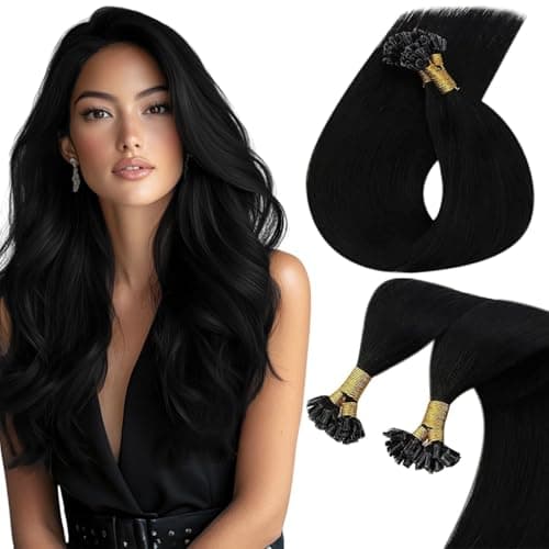 Sunny Hair 24inch U Tip Hair Extensions Human Hair Jet Black Hot Fusion Hair Extensions Straight U Tip Hair Extensions Real Human Hair Black for Women K Tip Hair Extensions 50S 50G - Image 1