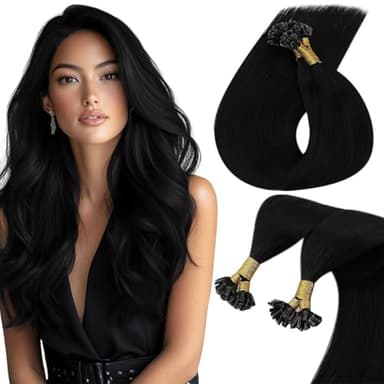 Sunny Hair 24inch U Tip Hair Extensions Human Hair Jet Black Hot Fusion Hair Extensions Straight U Tip Hair Extensions Real Human Hair Black for Women K Tip Hair Extensions 50S 50G - Image 1