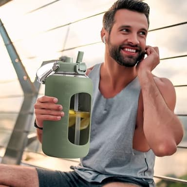 WINSA 84oz Glass Water Bottle with Stainless Steel Handle,2.5L Gallon Water Bottle with 2-IN-1 Straw Lid, Silicone Sleeve and Motivational Capacity Marker, Wide Mouth Water Jug For Gym, Workout, Olive - Image 2