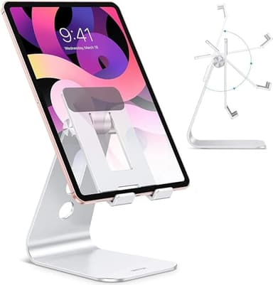 OMOTON Adjustable Tablet Stand for Desk, Upgraded Longer Arms for Greater Stability, T2 Tablet Holder with Hollow Design for Bigger Sized Phones and Tablets Such as iPad Pro/Air/Mini, Silver - Image 1