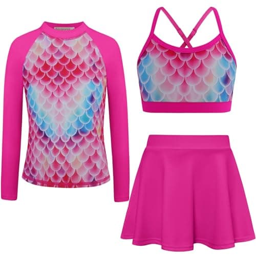 Kids Bathing Suits Girls Swimsuit Size 7 Rash Guard Long Sleeve Swim Shirt with Swim Skirt Rose Red - Image 1