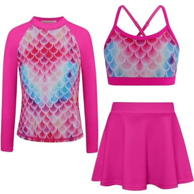 Kids Bathing Suits Girls Swimsuit Size 7 Rash Guard Long Sleeve Swim Shirt with Swim Skirt Rose Red - Image 1