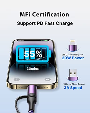 4 in 1 Charging Cable 3.3FT 60W Fast Charging USB C Cable 20W iPhone Charger Cord Lightning Cable Multi Charging Cable with Lightning/Type C/USB A Port for iPhone 16 15 14/Samsung/iPad - Image 4